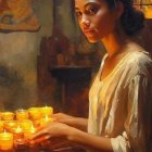 Serene woman in cream blouse lighting candles in warm golden light