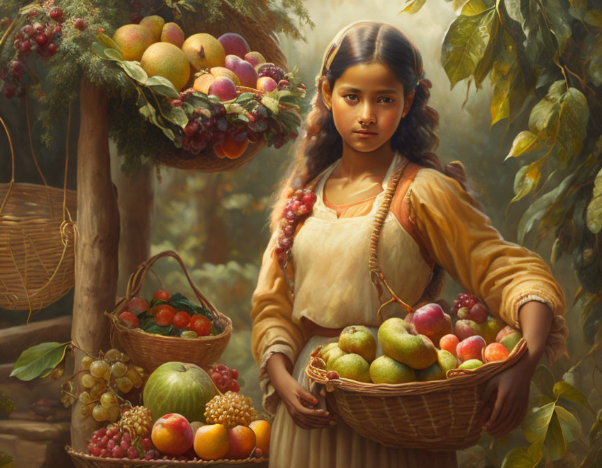 Young girl with braided hair holding fruit basket in lush setting