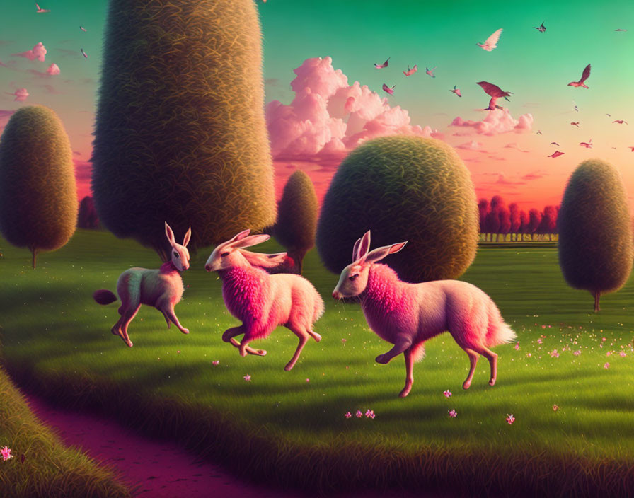 Three pink rabbits with antlers in fantastical landscape with topiary trees and birds.