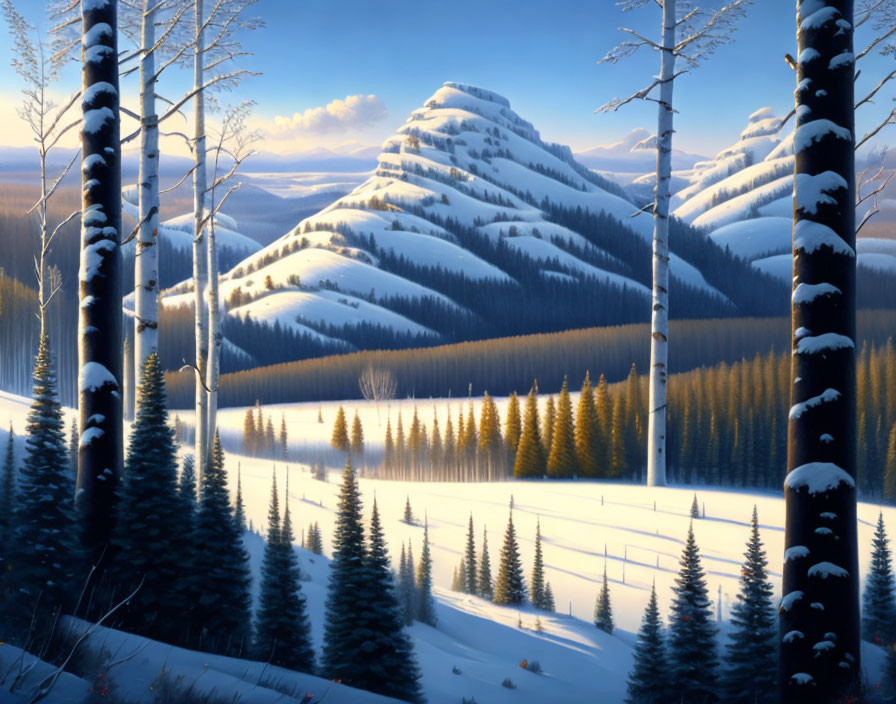 Snow-covered trees and hills in serene winter landscape at sunrise or sunset