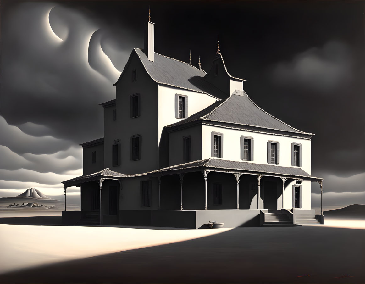 Surreal black and white painting of colonial house under double crescent moons