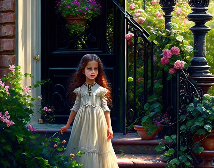 Young girl in vintage dress by wrought-iron railing and lush garden.