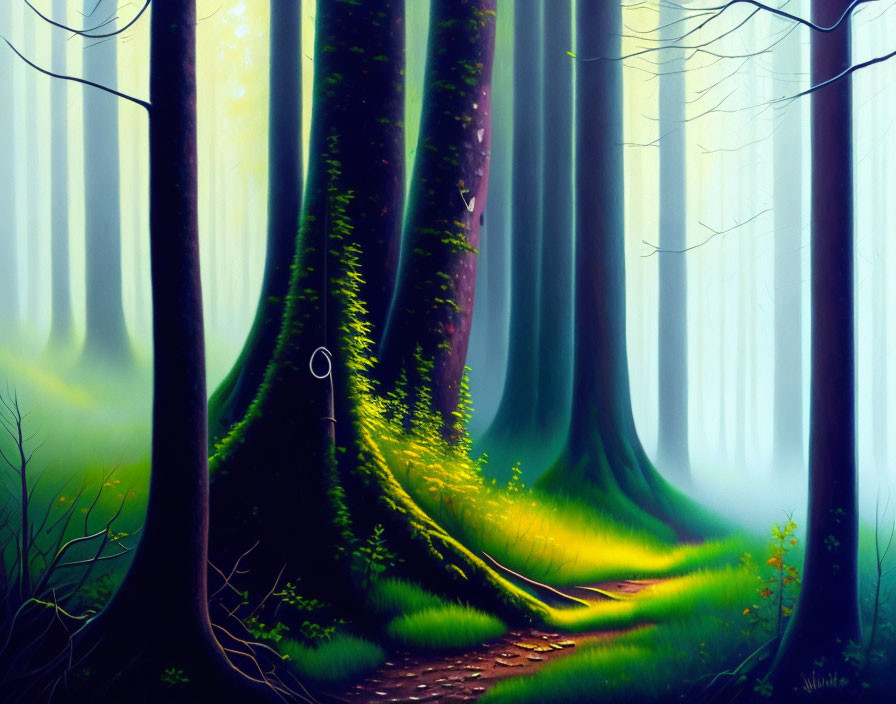 Mystical forest path with towering trees and vibrant green foliage