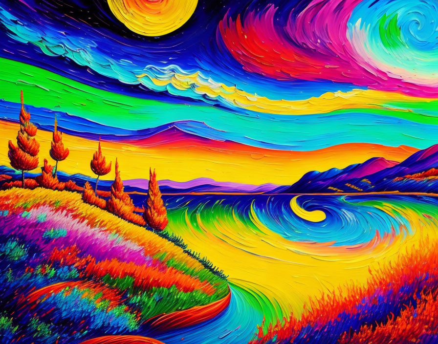 Colorful landscape painting: swirling sky, rolling hills, river, bright floral fields, cypress trees