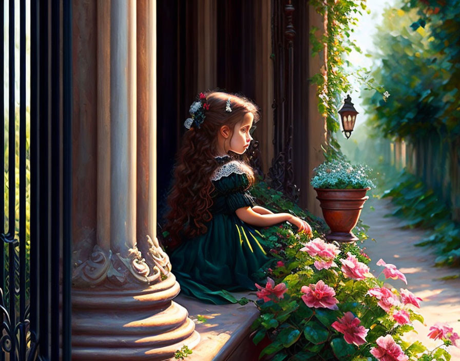 Young girl in green dress with flowers, leaning on garden fence, surrounded by blooming flowers and lantern