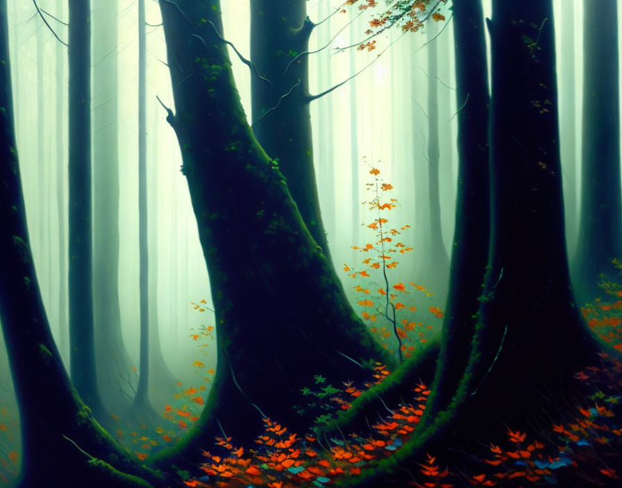 Enchanting forest scene with towering trees, mossy trunks, fog, and orange leaves