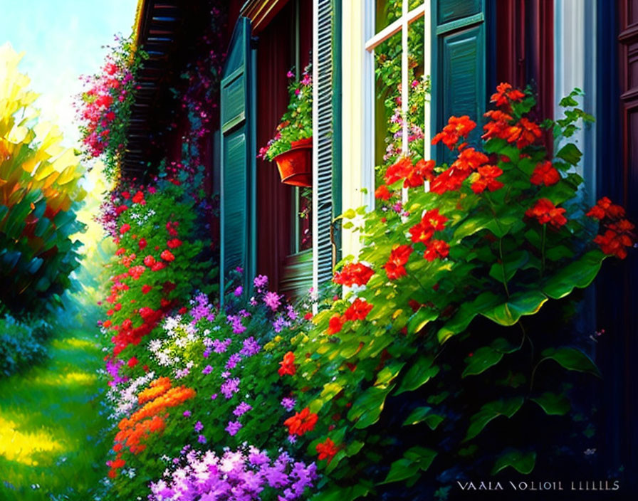 Colorful painting of house with blooming red flowers in lush garden