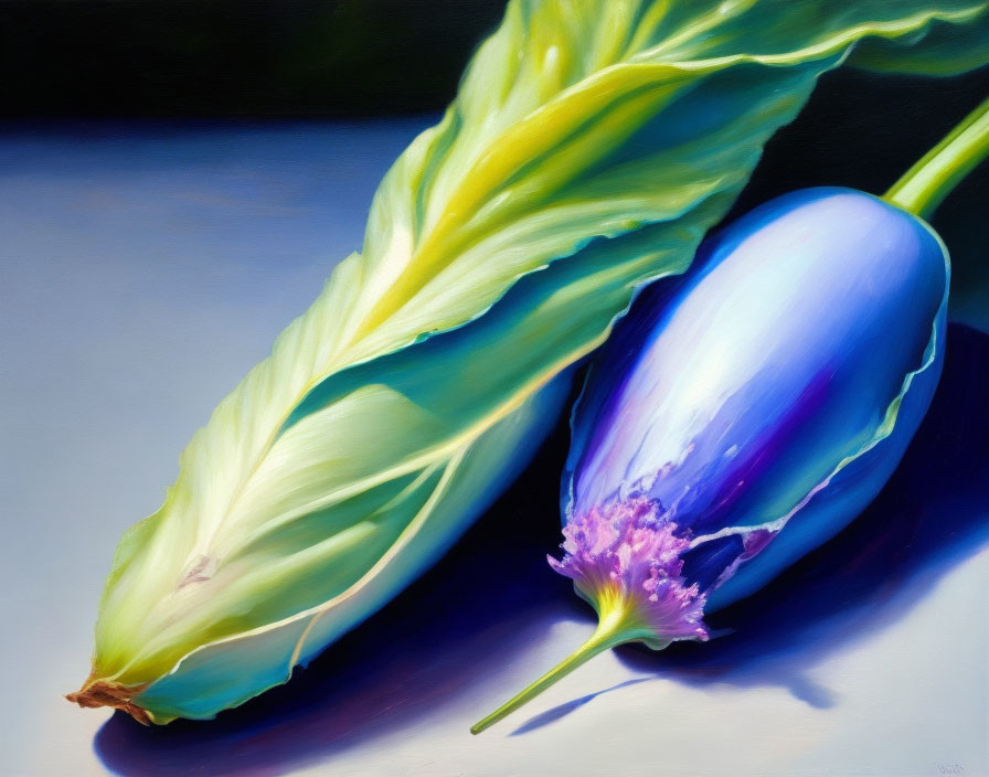 Realistic painting of green bok choy leaf and purple eggplant on smooth surface