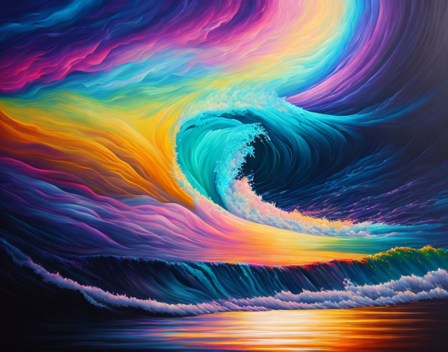 Colorful Wave Painting with Purple to Orange Spectrum Against Sky