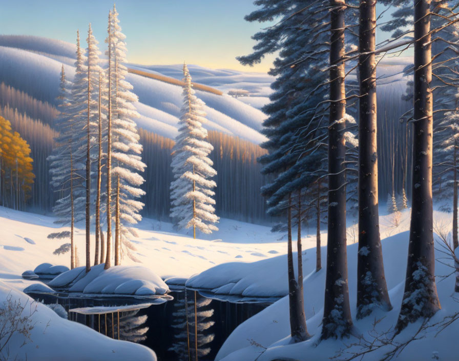 Snow-covered trees and tranquil stream in serene winter landscape