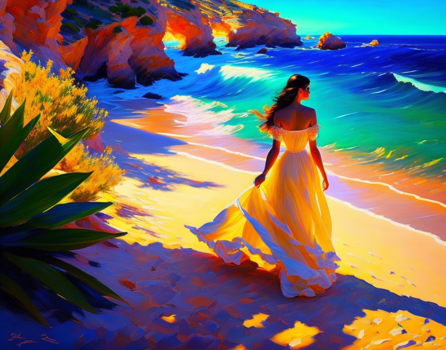 Woman in Yellow Dress on Vibrant Beach with Cliffs and Blue Sea