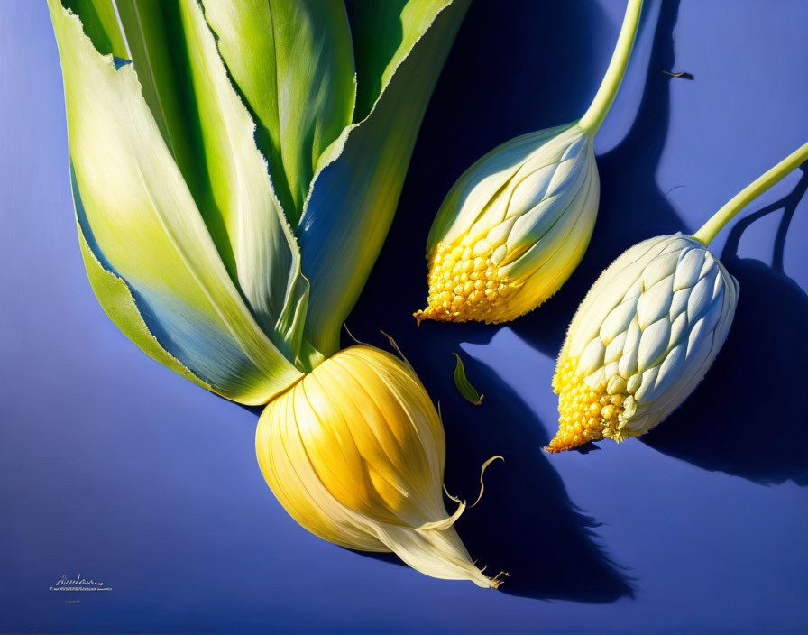 Fresh white asparagus spears with leafy green tops on blue backdrop