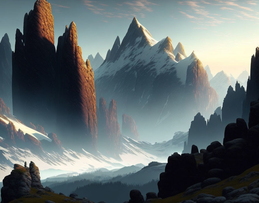 Snowy Peaks and Rugged Mountains in Serene Landscape