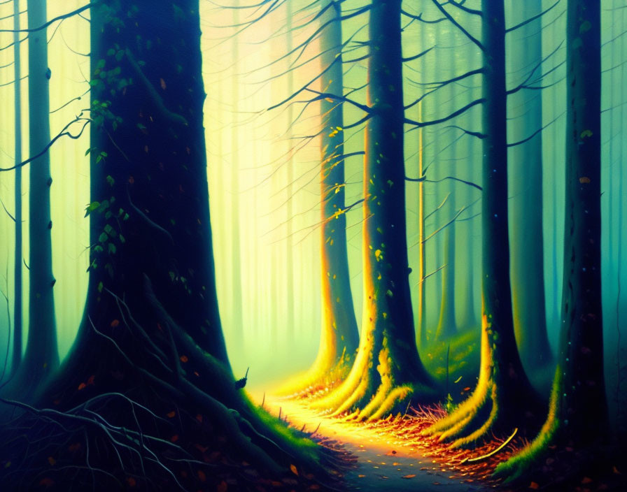 Enchanted forest with glowing tree trunks and foggy horizon