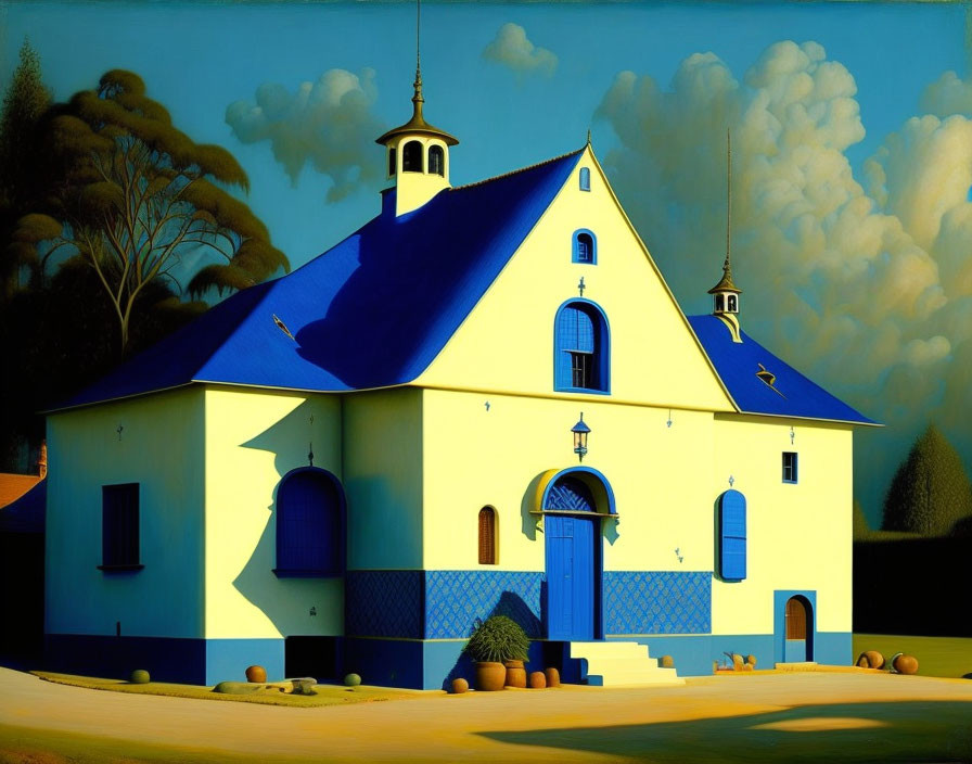 Yellow Church with Blue Roofs Surrounded by Trees in Golden Sunlight