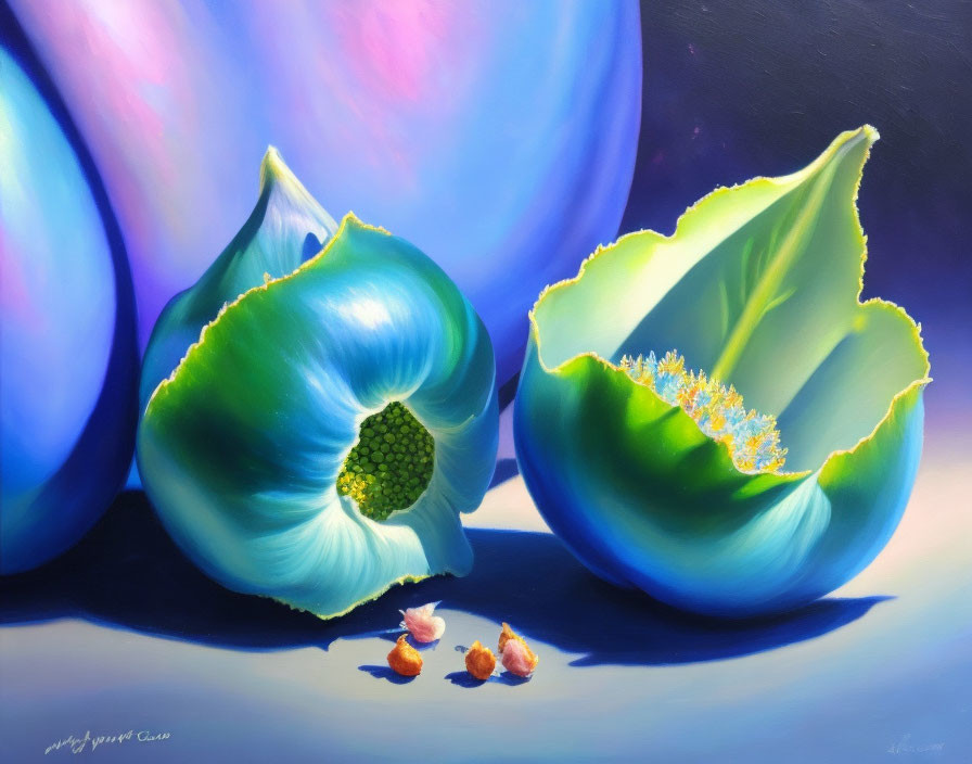 Colorful painting of green figs and yellow insides on blue orbs backdrop