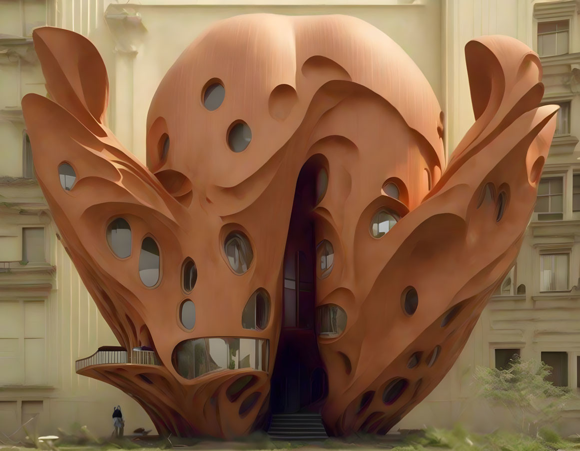 Surreal orangish sculpture with futuristic design and classical architecture backdrop.