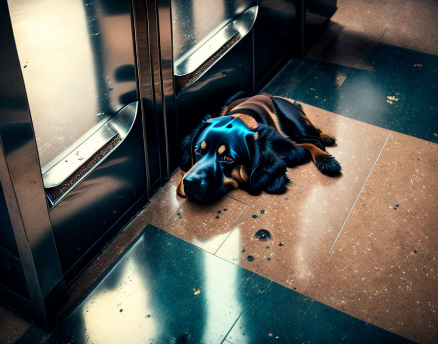 Sad black and brown dog by reflective elevator doors