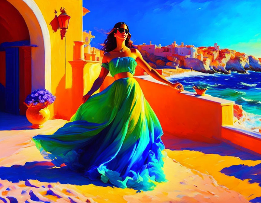 Woman in Vibrant Blue and Green Dress on Sunny Terrace by the Sea