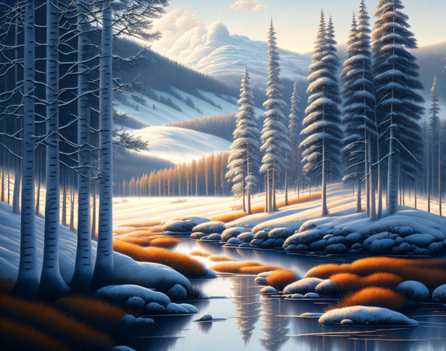 Snow-covered trees, tranquil river, and distant mountains in serene winter landscape