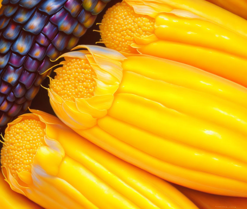 Vibrant yellow corn cobs with deep purple kernels in close-up