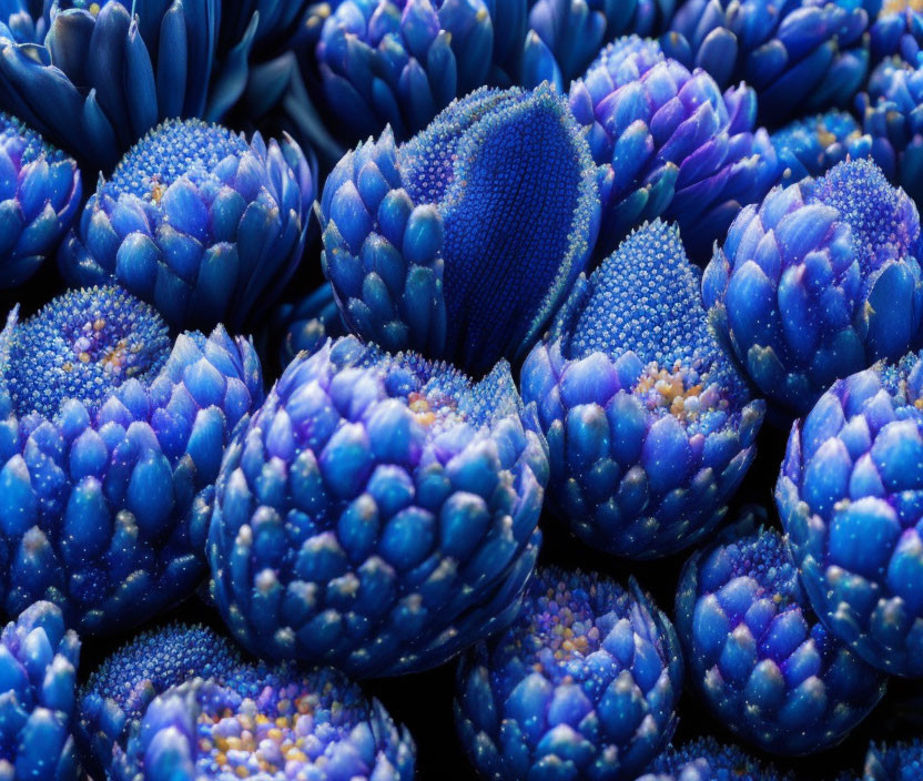 Detailed Close-Up of Vibrant Blue Flowers with Dewdrops