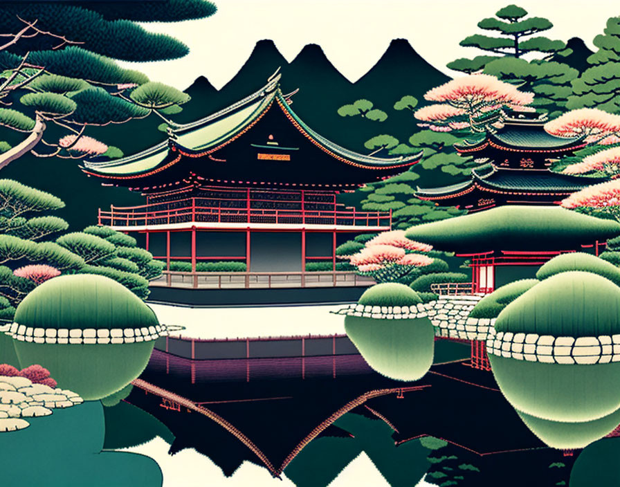 Traditional Asian Temple Illustration with Layered Roofs and Reflecting Pond