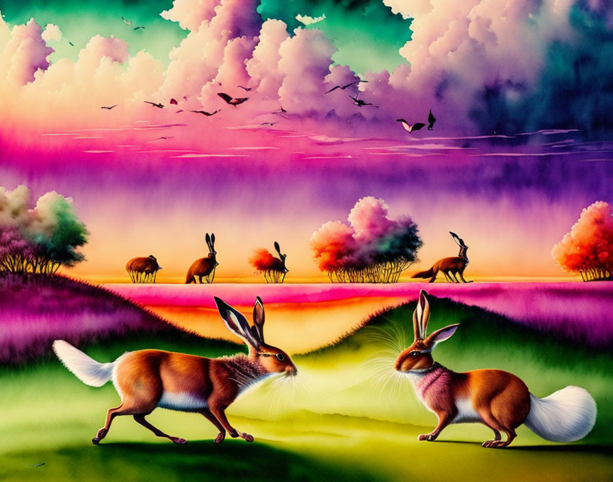 Colorful surreal artwork: rabbits in vibrant dreamlike landscape