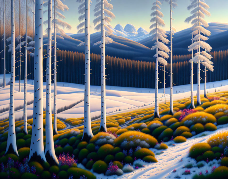 Snowy forest landscape with vibrant underbrush and distant mountains.