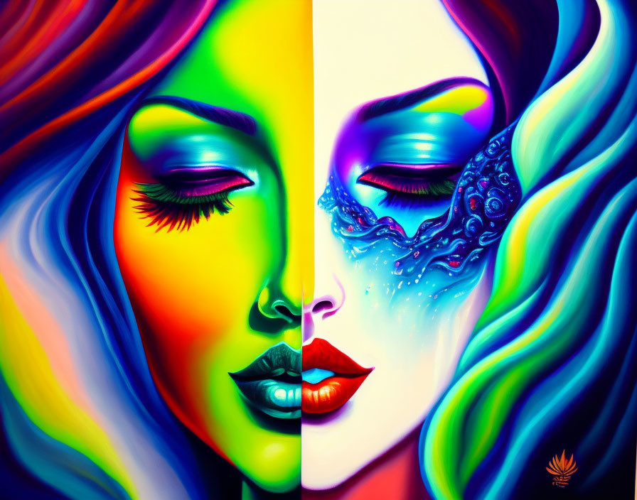 Colorful artwork of two female faces merging with warm and cool tones