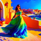 Woman in Vibrant Blue and Green Dress on Sunny Terrace by the Sea