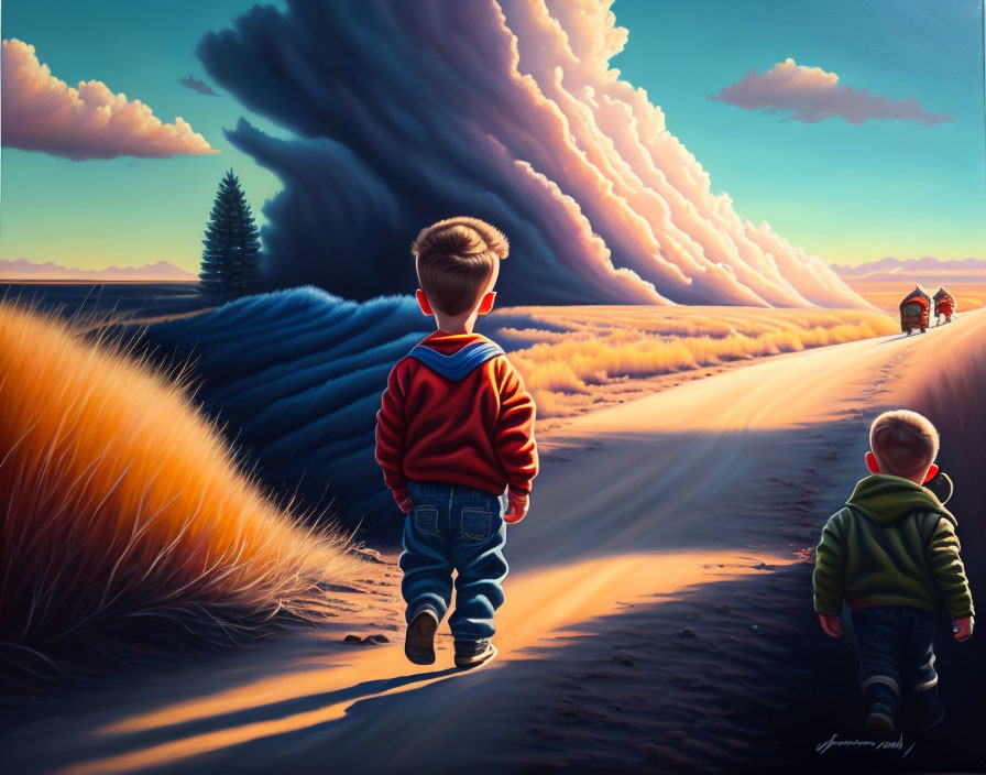 Two Boys Walking on Dirt Road Amidst Surreal Fields at Sunset