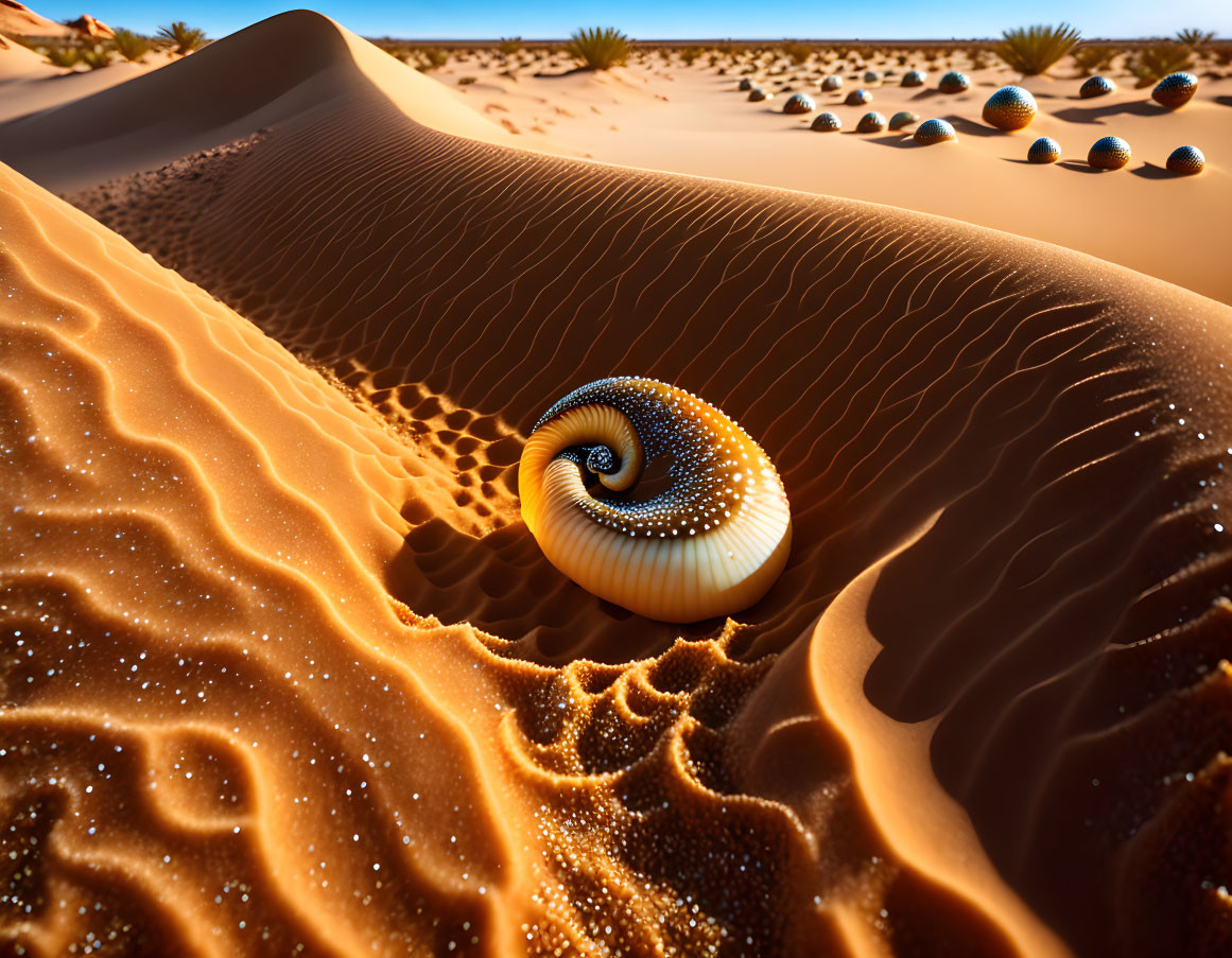 Surreal desert landscape with Fibonacci spiral in nautilus shell