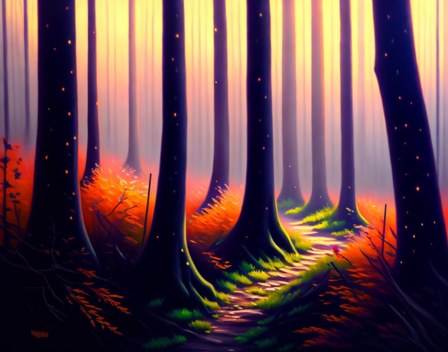 Enchanting forest scene with towering trees and glowing foliage