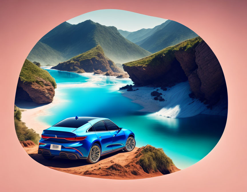 Blue sports car parked by serene beach with turquoise waters, lush green mountains - circular frame view