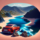 Blue sports car parked by serene beach with turquoise waters, lush green mountains - circular frame view