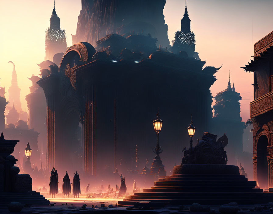 Ethereal fantasy cityscape at dusk with towering spires and glowing lanterns