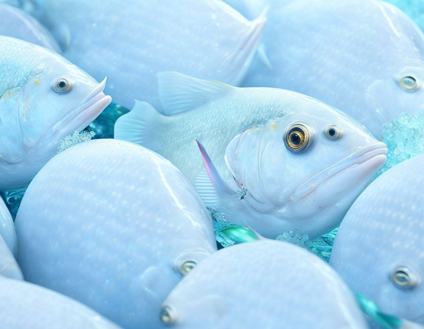 Silver fish with yellow eyes and pink fins tightly packed together.