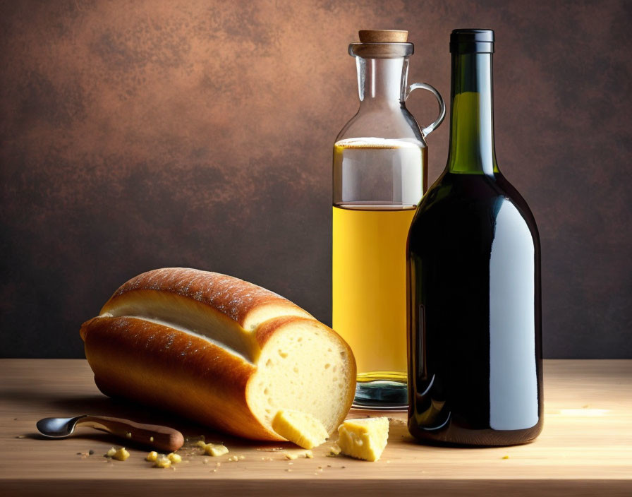 Sliced bread, butter, olive oil, and wine on wooden surface