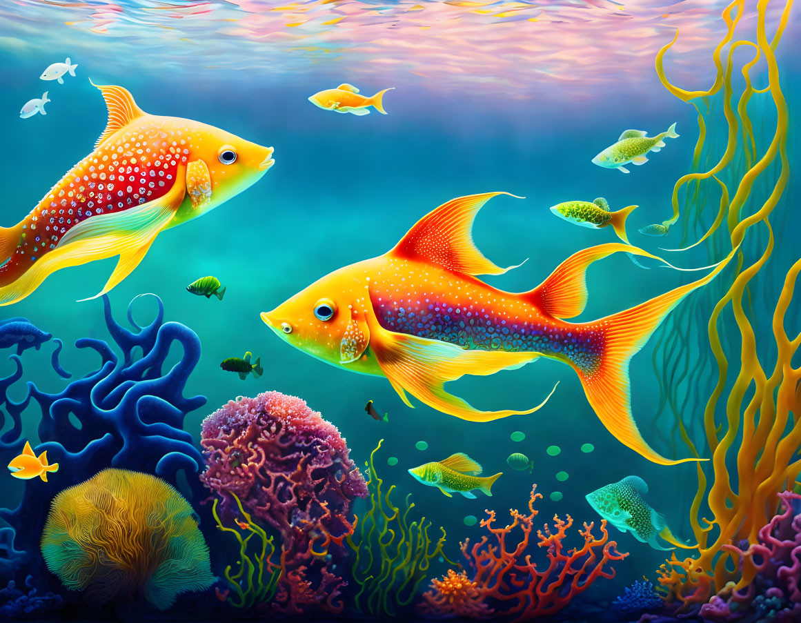 Colorful underwater scene with orange fish, coral reef, and marine plants.