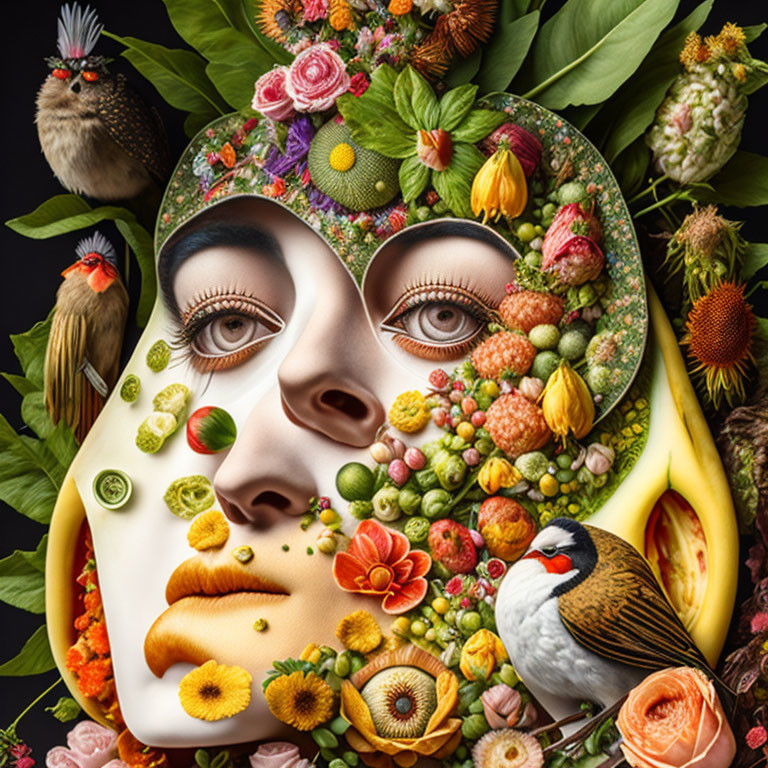 Colorful mask-like face adorned with fruits, flowers, and birds on dark background