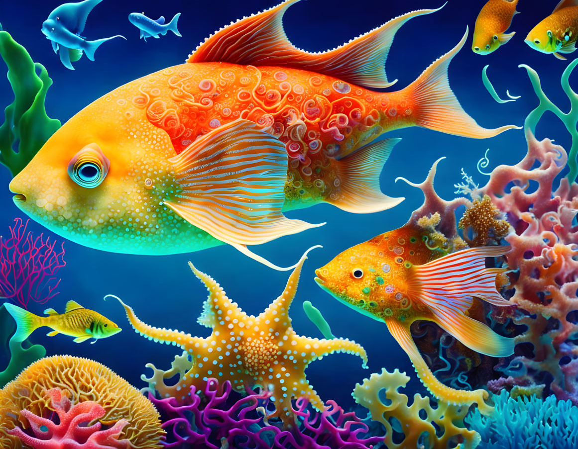 Vibrant Sea Life Illustration with Fish, Starfish, and Coral