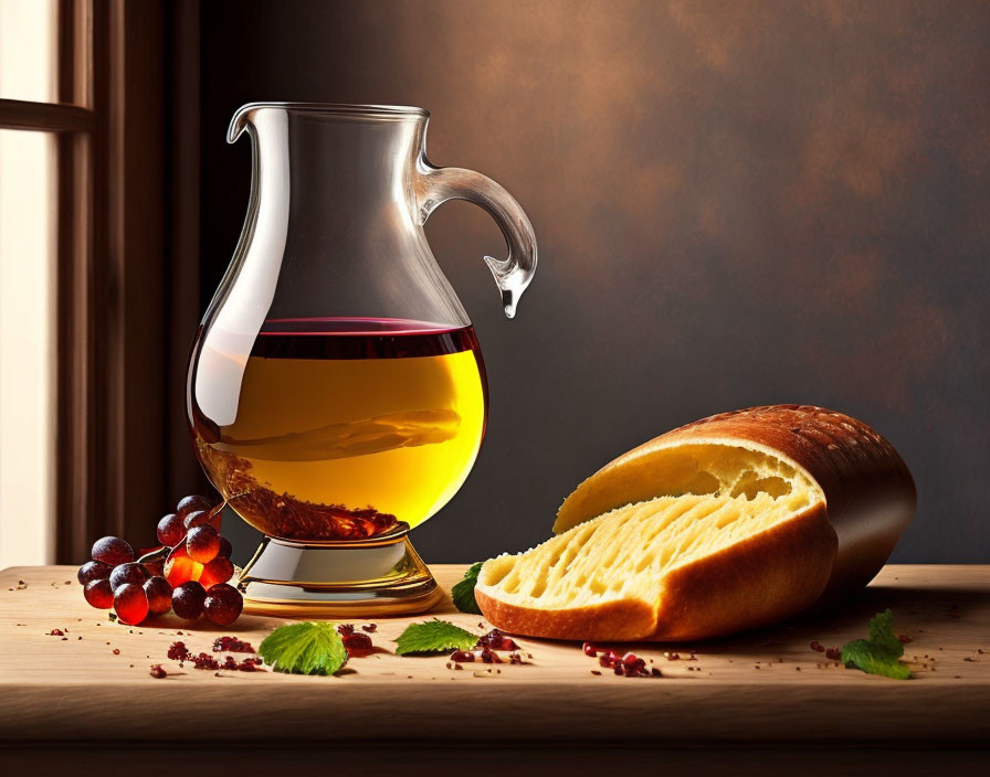 Amber liquid in glass pitcher with bread, grapes, and leaves on wooden surface