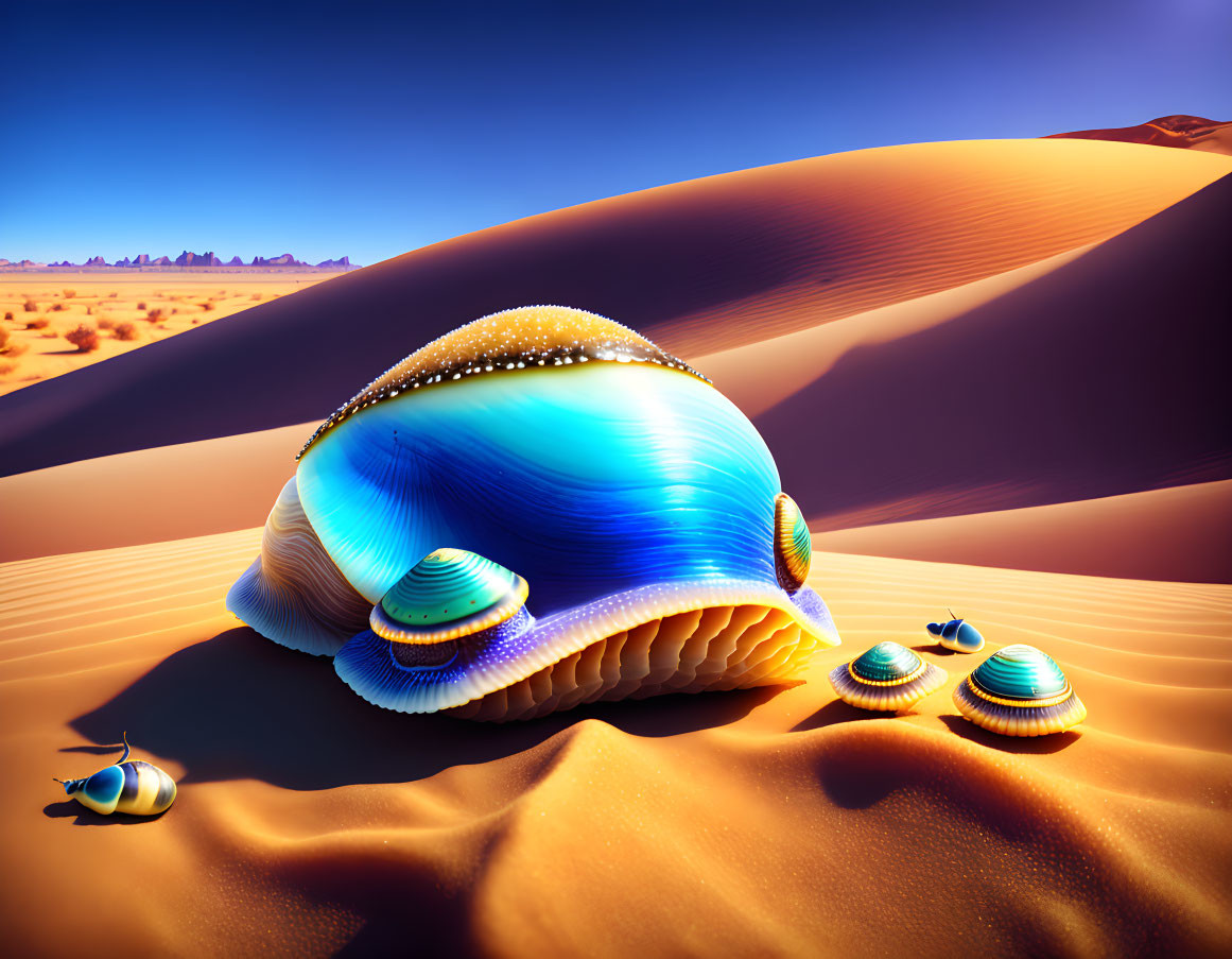 Iridescent Giant Shell in Desert with Small Shells and Snails