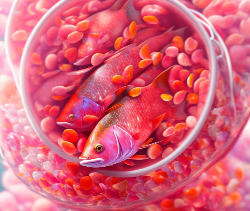 Three Red Fish in Bowl with Pinkish-Red Pebbles