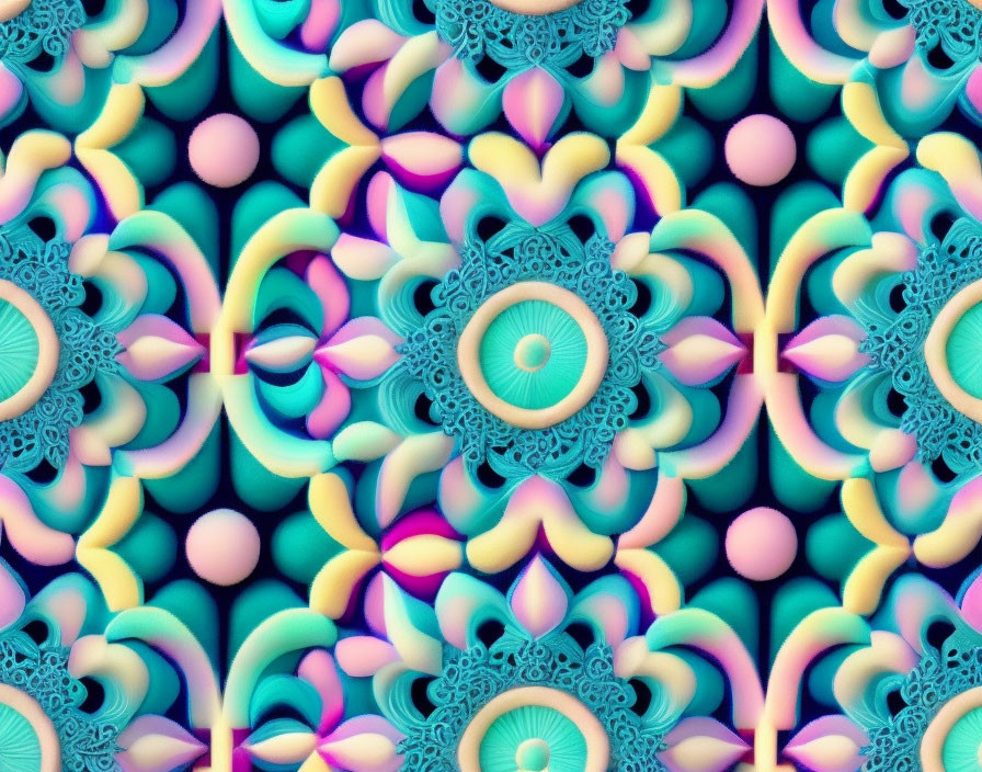 Symmetrical fractal pattern in blue, pink, and turquoise