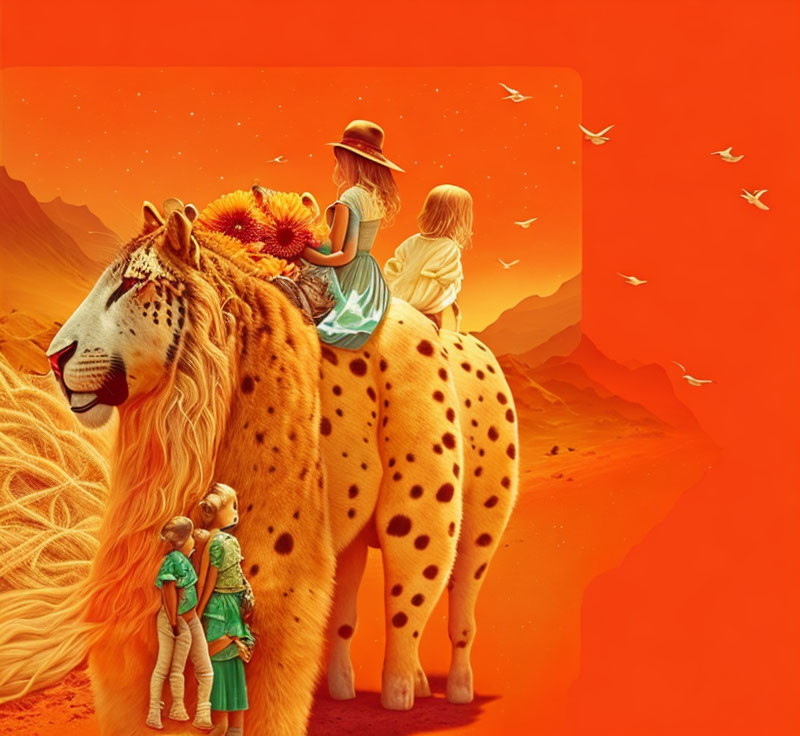 Three children riding a giant cheetah in surreal orange landscape with flying birds