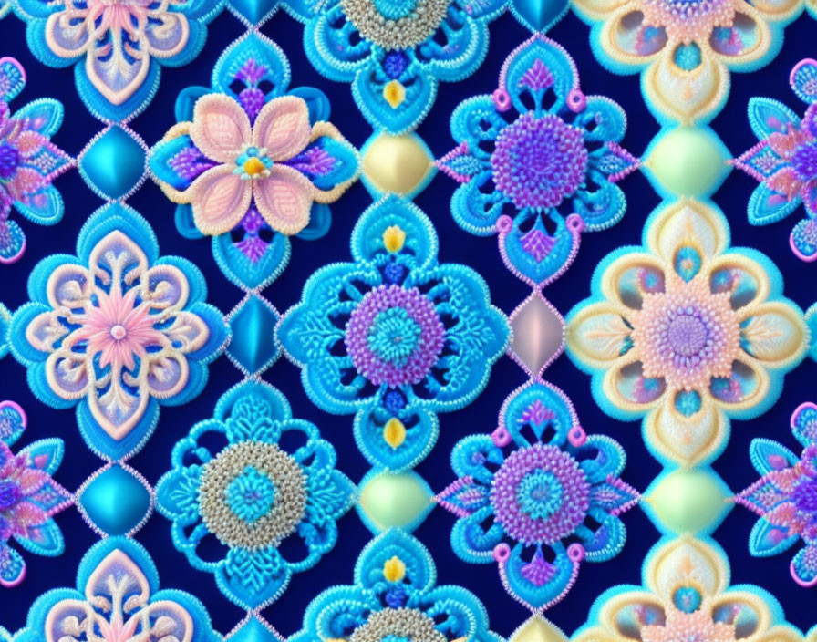 Colorful Floral Pattern with Pearls & Gems on Symmetrical Background