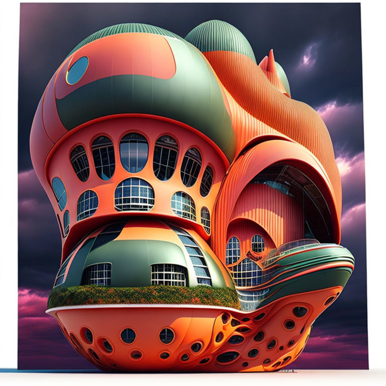 Futuristic whimsical building with organic curves and vibrant orange and green hues