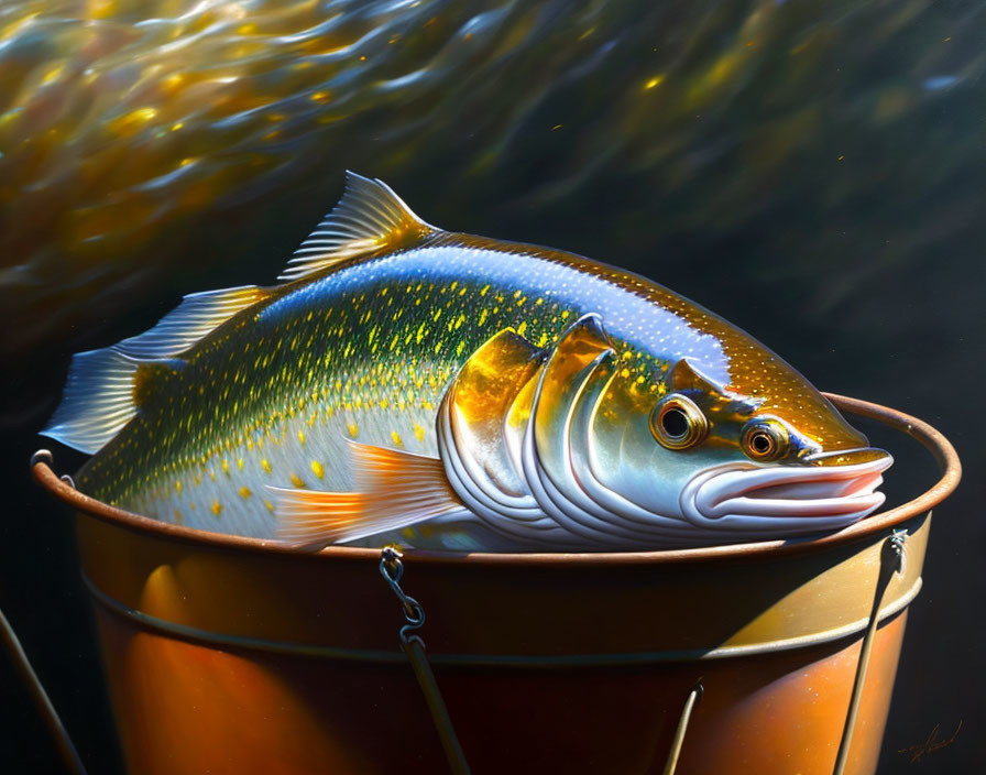 Realistic painting of large fish with yellow spots on edge of brown bucket against dark watery background